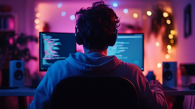 A software developer coding at their desk, their eyes fixed on the glowing screen, the colorful hues of RGB lights in the background adding a modern, focused vibe. --ar 16:9