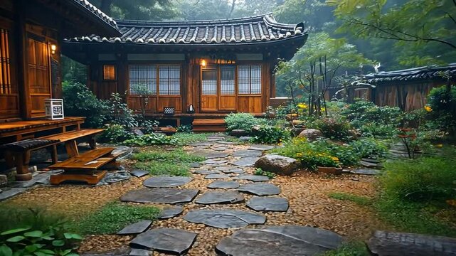 Serene Korean Garden House in the Rain