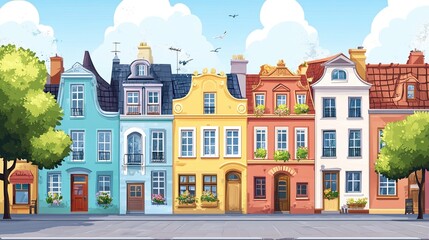 A cartoon-style vector of a European city street with buildings.