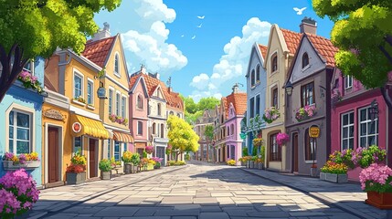 A cartoon-style vector of a European city street with buildings.