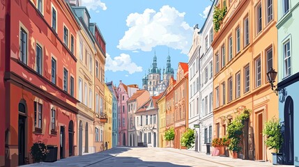 A cartoon-style vector of a European city street with buildings.