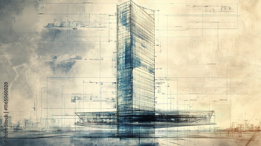 Poster blueprint design of a modern skyscraper with accurate measurements