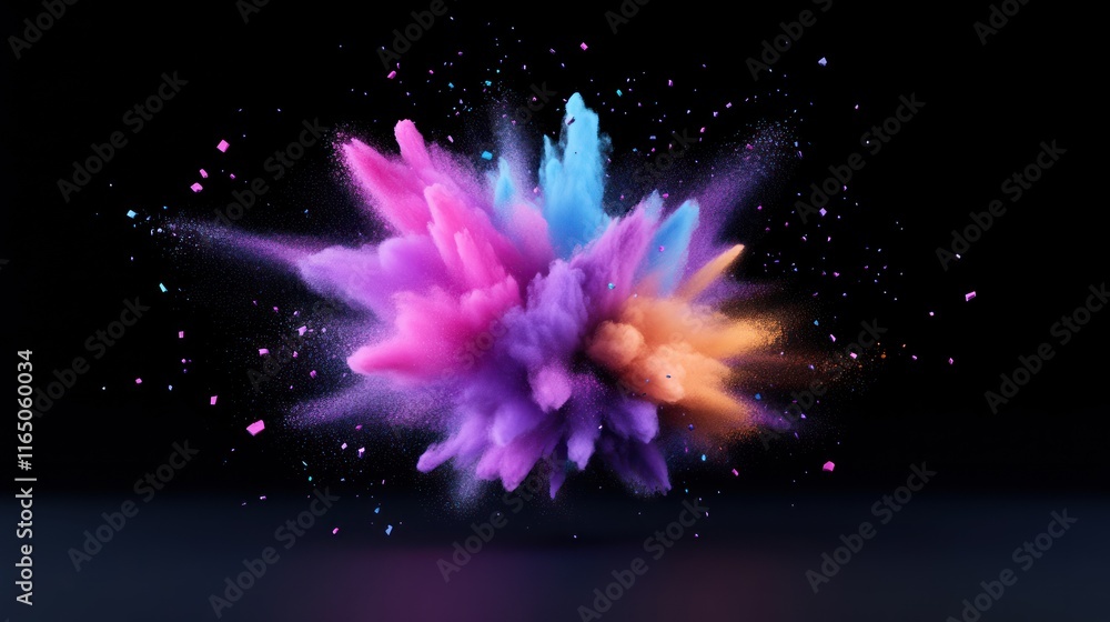 Poster vibrant explosion of colored powder creating a dynamic visual effect.
