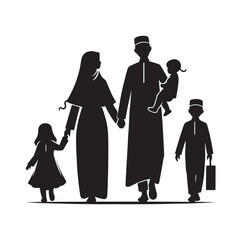 muslim family walking silhouette vector illustration
