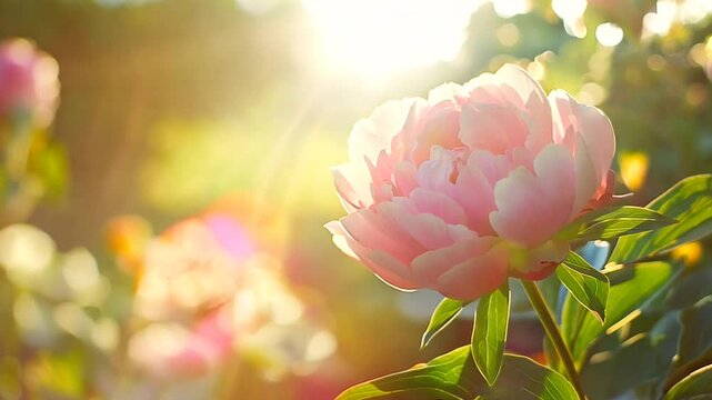 A radiant pink peony flower basking in warm sunlight, surrounded by lush green foliage, capturing the essence of natural beauty and tranquility
