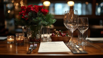 A Christmas dinner menu card displayed on a restaurant table -