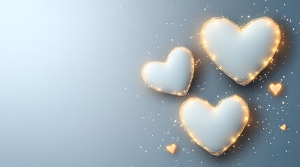 Fototapeta premium Three White Hearts Glowing With Golden Lights