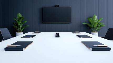 Modern conference room with a large table and presentation screen.