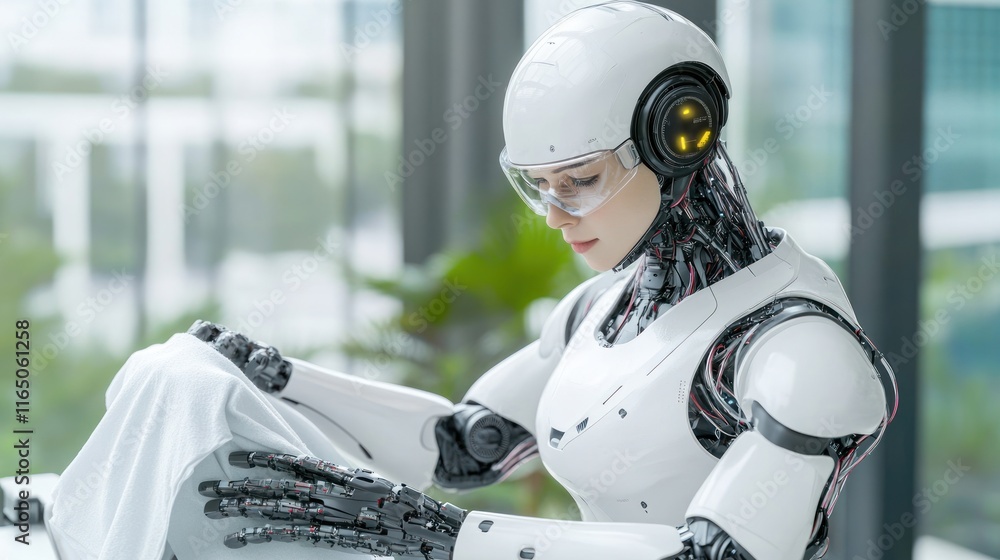 Poster a humanoid robot examining a fabric in a modern workspace.