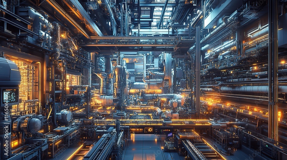 Poster futuristic 3d rendering of a high-tech factory with assembly lines