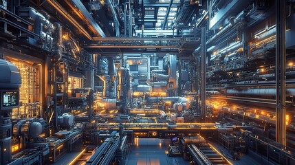 Fototapeta premium Futuristic 3D Rendering of a High-Tech Factory with Assembly Lines