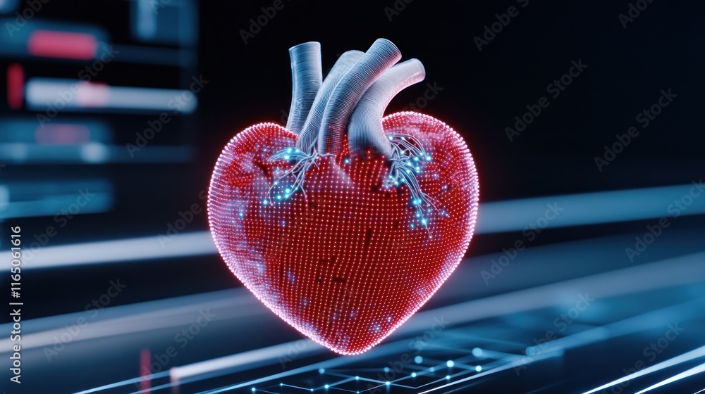 Poster 3d digital heart model with glowing effects and data visuals.