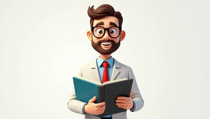 Smiling cartoon librarian with a book and blue folder, showcasing friendliness and knowledge, great for academic themes.