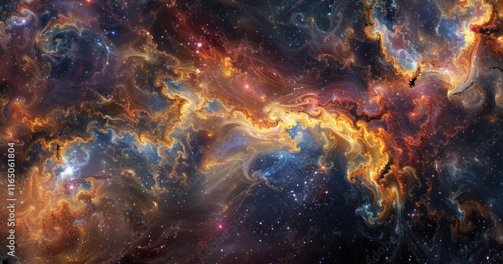 Poster a vibrant cosmic scene showcasing swirling colors and celestial elements in deep space.