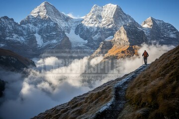 Fototapeta premium Hiker on mountain trail above clouds, snowy peaks.