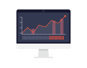 Web analytic information on Computer screen flat icon. trend graphs report concept. statistic charts for planning and accounting, analysis, audit,