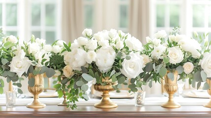 White roses and greenery arranged in gold vases on a long dining table.