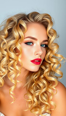 Fototapeta premium Beautiful blonde with curly hair, natural makeup and red lips. Facial and hair beauty. The picture was taken in the studio, angled photoshot, with white tones