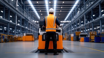 Worker operating machinery in a spacious industrial warehouse.
