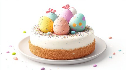 Delightful Easter Cheesecake with Colorful Eggs and Sprinkles on White Background for Text Space - Cartoon Style 3D Render