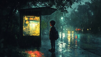 Fototapeta premium A young boy standing at a bus stop in the rain, his face streaked with tears, clutching a small backpack, the soft glow of distant streetlights heightening the sense of abandonment and sadness.