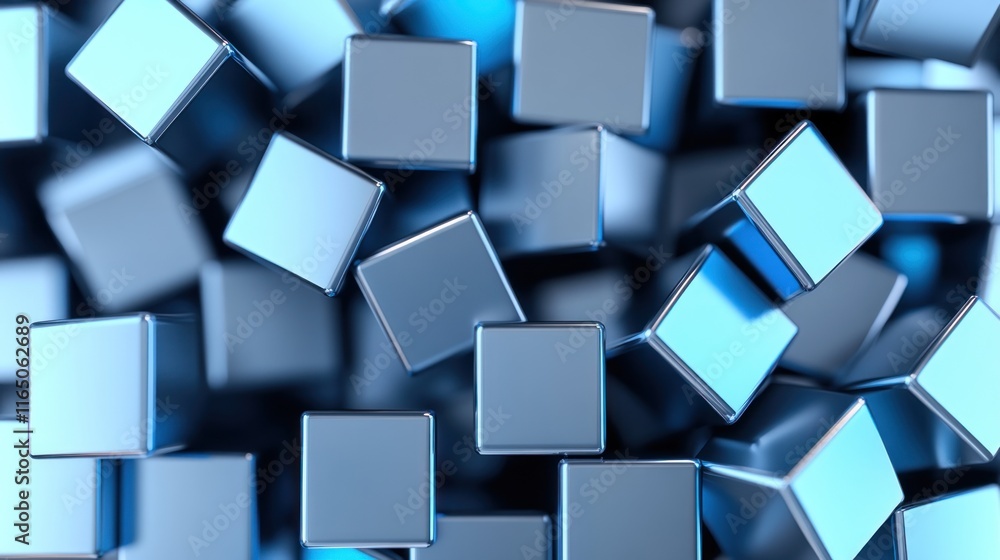 Poster a cluster of reflective blue cubes creating a dynamic visual effect.