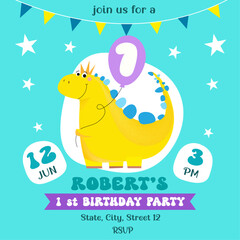 1st Happy Birthday party for boy invitation template card square, celebration, dino, baby, stars, flags, greeting card, flat vector illustration