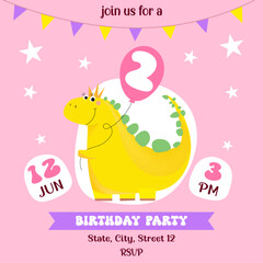  Birth day invitation card for girl 2 years celebration, template, square, greeting, dino baby, balloon, star, cute vector illustration