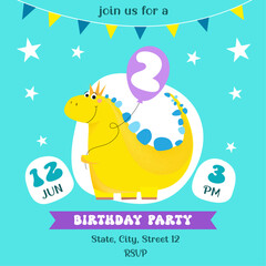  Birth day invitation card for boy 2 years celebration, template, square, greeting, dino baby, balloon, star, cute vector illustration