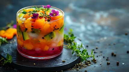 Naklejka premium A modern rainbow aspic parfait, layered with bright vegetables and herbs in translucent jelly, served in a tall glass cup with a garnish of thyme and edible flowers,