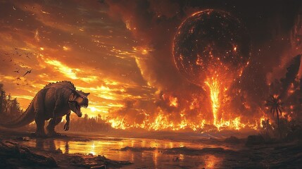 A comet or meteor leading to Earthâ€™s mass extinction, depicting the collision of celestial bodies with Earth, sparking fires, darkness, and the eventual demise of entire species, including dinosaurs