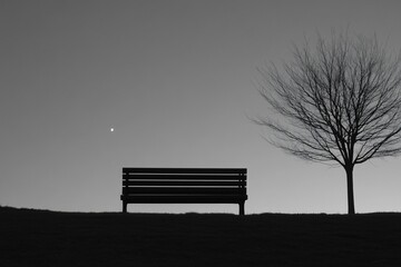 Lonely park bench under twilight sky.