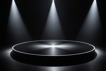 a black stage with three spotlights and a circular light