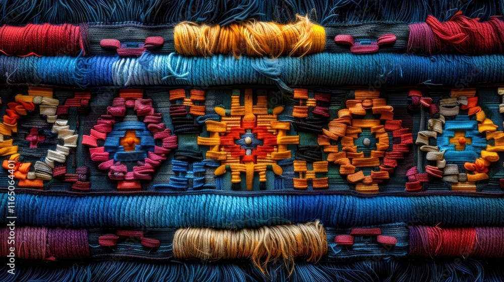 Poster vibrant woven textile with intricate patterns and colorful threads.