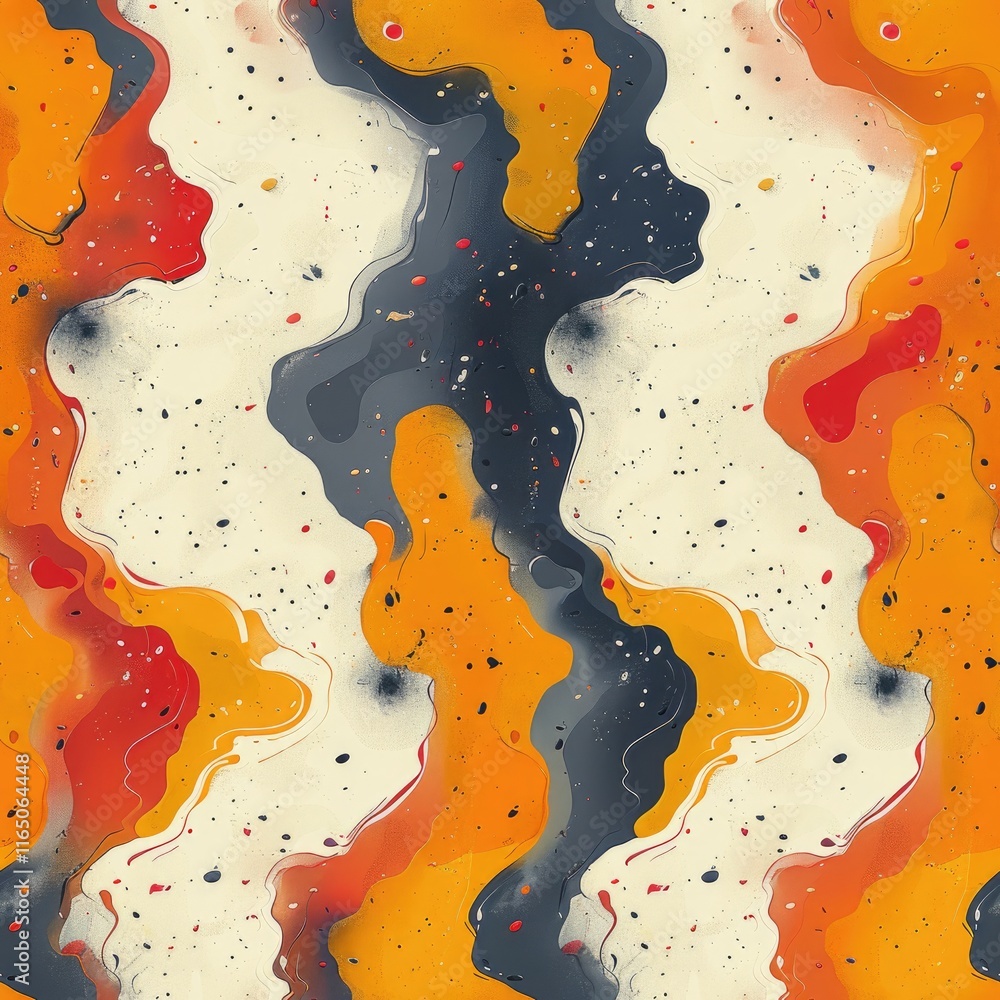 Poster abstract wavy pattern in warm colors with splashes, suitable for backgrounds or textiles.