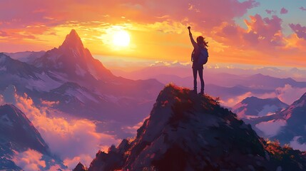 A young woman standing on top of a mountain at sunrise, her fist raised high in the air, her face glowing with triumph, with a sprawling landscape of valleys and clouds stretching beneath her.