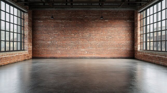 Empty Industrial Loft Style Warehouse Interior with Large Windows