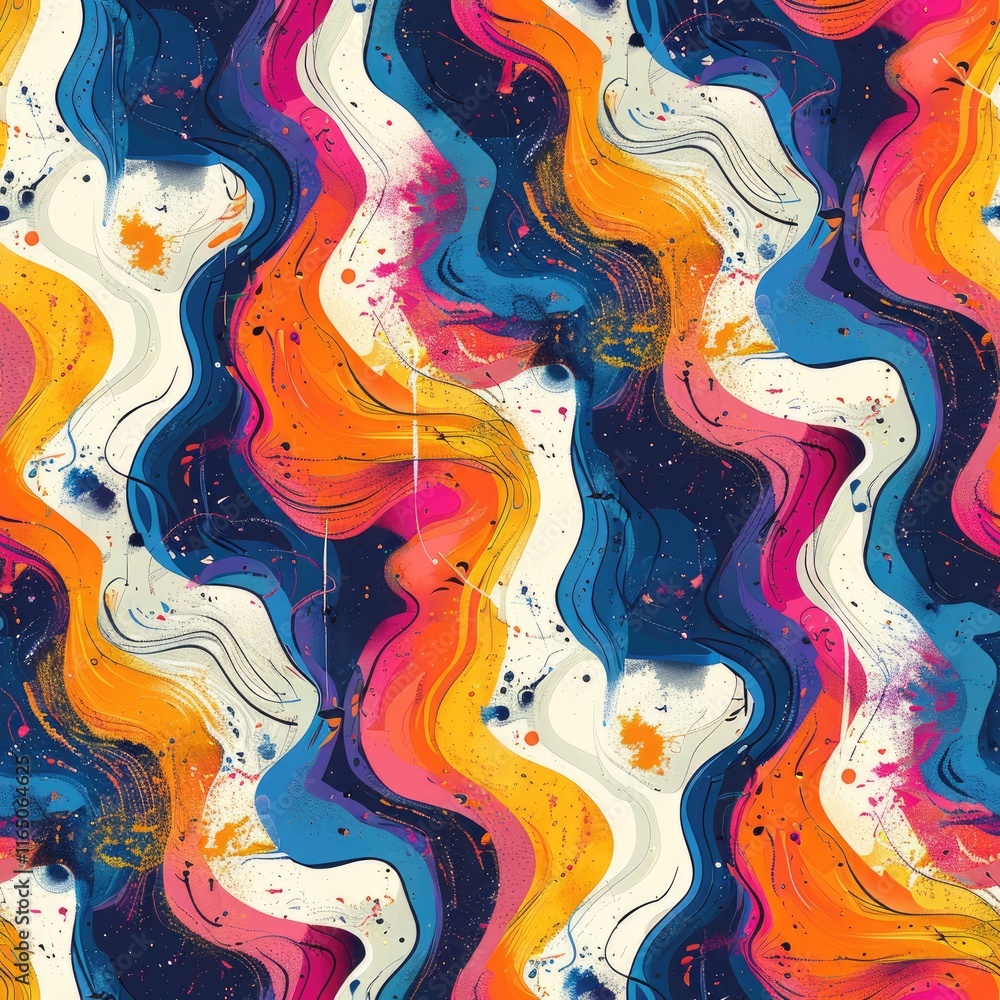Poster abstract colorful wave pattern with vibrant hues and splashes, suitable for textiles or wallpapers.