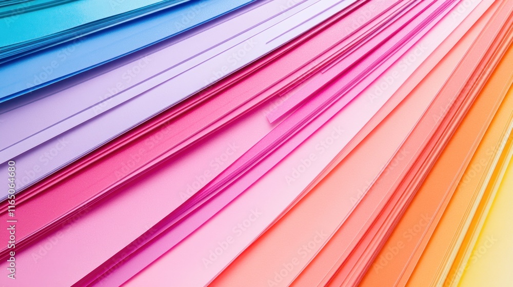 Poster colorful sheets of paper arranged in a vibrant gradient display.