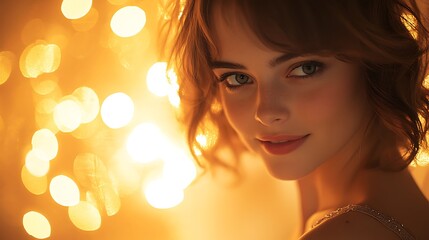 A young woman with a mischievous grin, leaning slightly forward, her eyes sparkling with playful intent, the dim golden glow of a party backdrop enhancing the cheeky mood. --ar 16:9