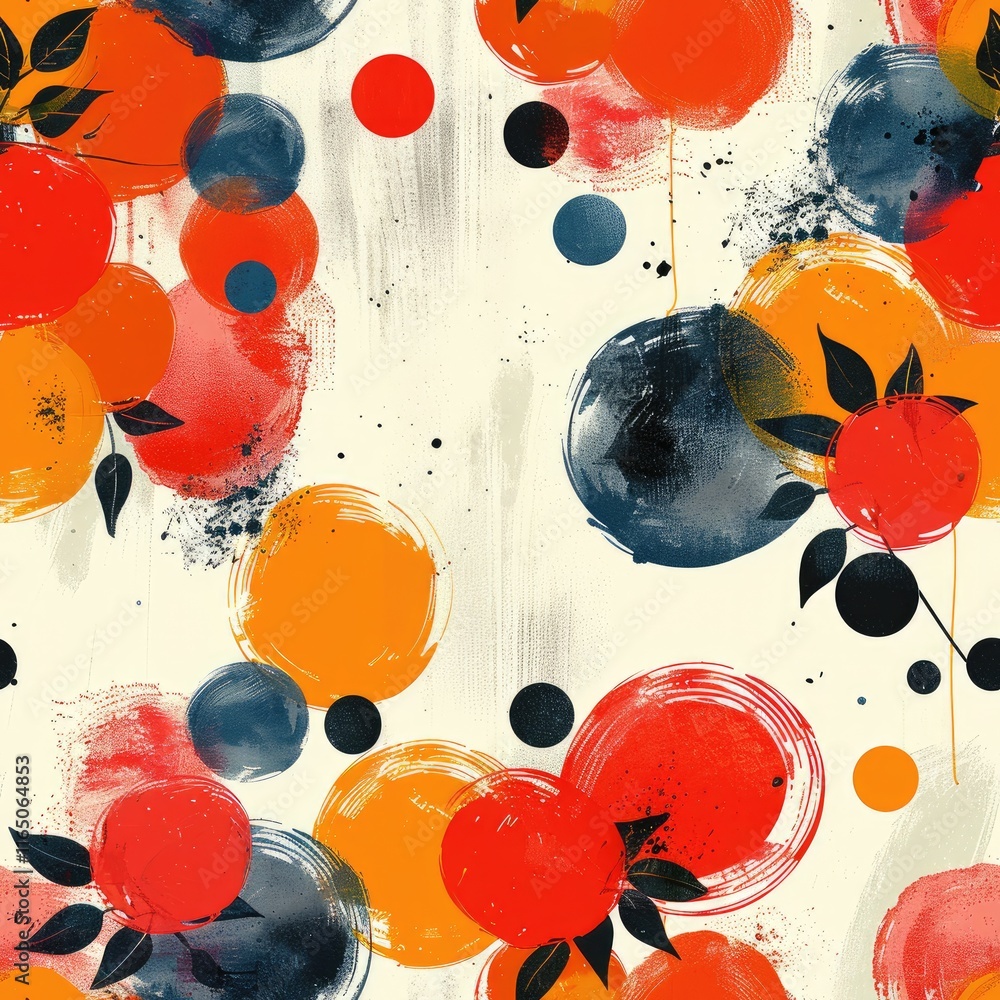 Poster abstract design featuring colorful circular shapes and leaves on a light background.
