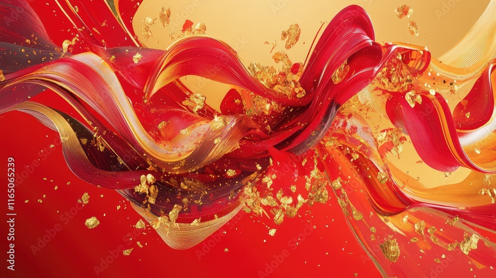 Poster abstract spring festival art featuring vibrant gold elements intertwined with dynamic red forms.