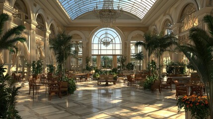 Fototapeta premium Elegant indoor space with plants and natural light for dining.
