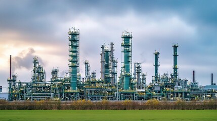 Obraz premium Large Industrial Plant with Numerous Pipes and Valves Against Sky