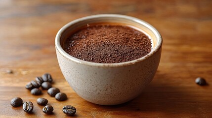 A cup of coffee topped with coffee grounds. 