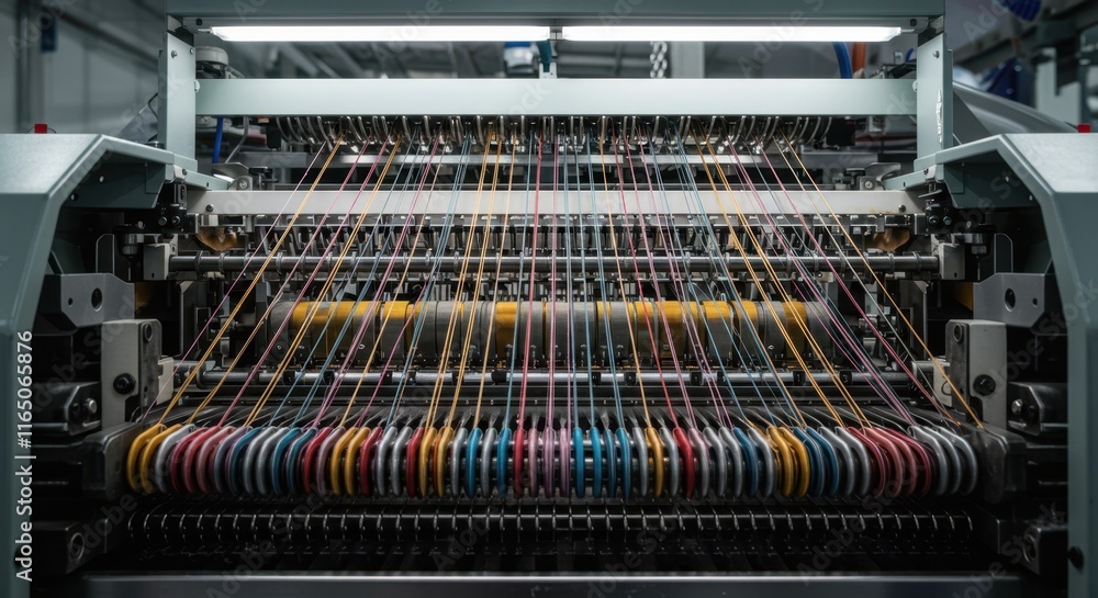 Poster high-tech textile machine weaves colorful threads in modern industrial factory setting