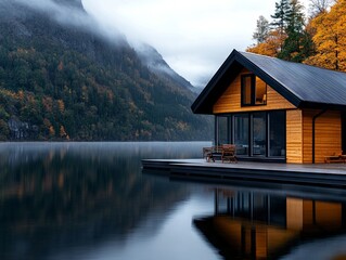 Fototapeta premium A wooden house sitting on top of a wooden dock next to a lake