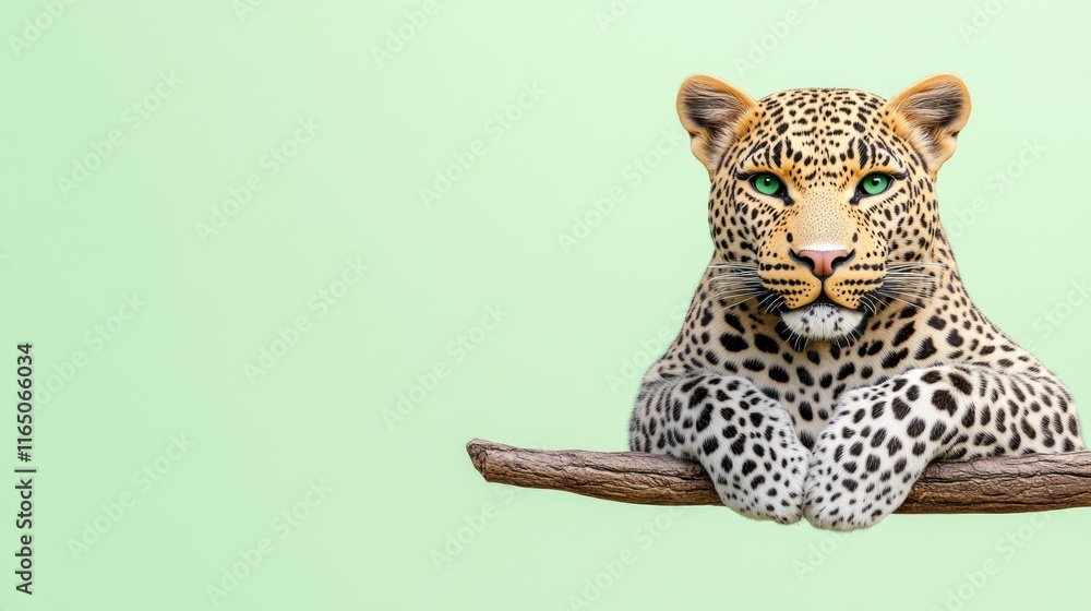 Poster a leopard resting on a branch with a soft green background.