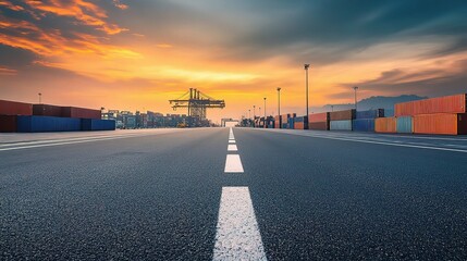 Empty Asphalt Road Stretching Towards Container Port at Sunset