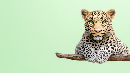 A leopard resting on a branch with a soft green background.